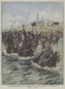 De cavalerie van de Servische voorhoede stormt de zee in bij Durazzo, roepend 