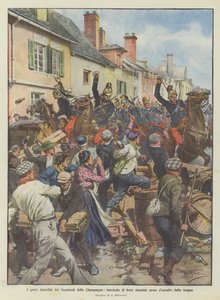 De ernstige ongeregeldheden van de wijnboeren van de Champagne, barricades van kapotte vaten bestormd door de troepen