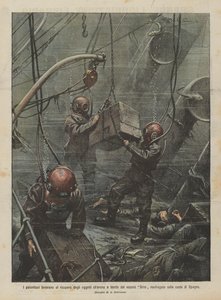 De duikers werken aan het bergen van de voorwerpen die aan boord waren van het stoomschip Sirio dat schipbreuk leed aan de kust van Spanje