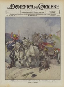 De gevaren van het autorijden, door ossen getrokken wagen omvergeworpen bij Altare (Riviera di Levante)