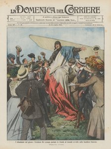 De triomfators van de dag, de piloot De Lesseps triomfantelijk gedragen in Canada gewikkeld in de Franse vlag