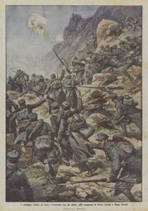 De vrijwillige fietsers onder vuur, de ontmoeting met de alpinisten, bij de verovering van Dosso Casina en Dosso Remit door Achille Beltrame