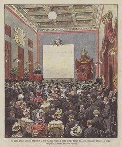 De hertog van de Abruzzi beschrijft zijn reis naar de Noordpool, in de zaal van het Collegio Romano, in Rome