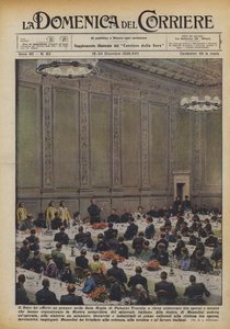 De Duce bood een lunch aan in de Sala Regia van het Palazzo Venezia aan ongeveer zevenhonderd arbeiders