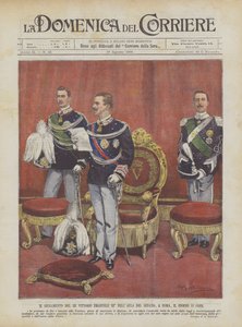 De Eedaflegging van Koning Victor Emanuel III in de Senaatszaal, in Rome, op de 11e Corr
