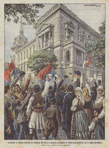 De minister van Justitie kondigt vanaf het balkon van het Konak in Belgrado de verkiezing van Peter aan