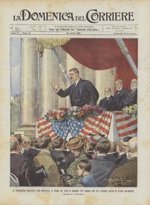 President Roosevelt die de eerste van zijn 75 toespraken houdt tijdens zijn reis
