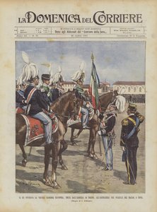 De koning overhandigt de oude glorieuze vlag, genomen uit het arsenaal van Turijn, aan de artillerie