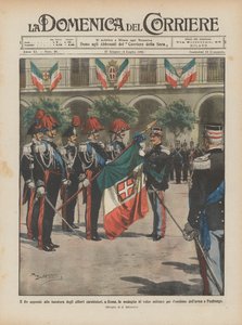 De koning hangt de medaille voor militaire moed aan de vlag van de carabinieri-kadetten in Rome