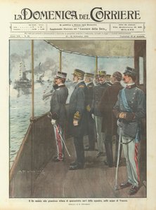 De koning woont de grootse parade van achtenveertig schepen van de vloot bij, in de wateren van Venetië
