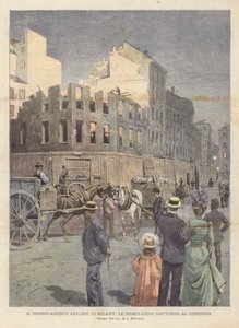 De stedelijke vernieuwing van Milaan, de nachtelijke sloop van de Cordusio
