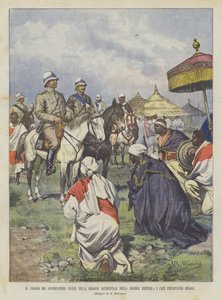 De reis van de civiele gouverneur in de westelijke regio van de kolonie Eritrea, de hoofden presenteren eerbetuigingen