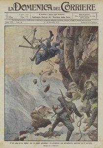 De mooie slag van een alpinist, met een lus grijpt hij en laat een Oostenrijkse mitrailleur met de bediener vallen