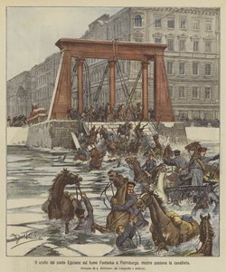 De instorting van de Egyptische brug over de Fontanka-rivier in Sint-Petersburg, terwijl de cavalerie passeerde