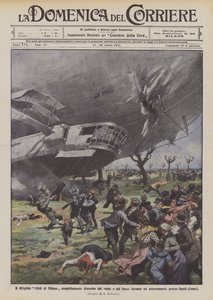 De luchtschip Città di Milano volledig vernietigd door wind en vuur tijdens een landing bij Cantu (Como)