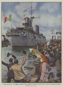 De grote kruiser San Giorgio gaat weer de zee op in Napels onder volksenthousiasme na ?
