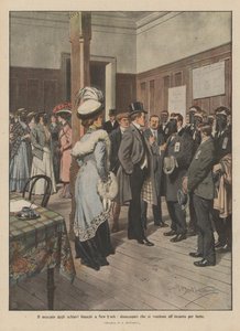 De markt van de blanke slaven in New York, werklozen die zichzelf veilen uit honger (kleur litho) door Achille Beltrame