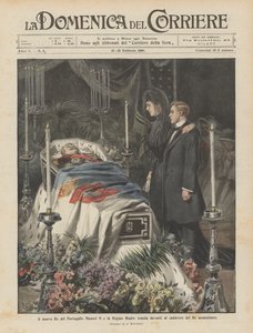 De nieuwe koning van Portugal Manuel II en koningin-moeder Amelia voor het lichaam van de vermoorde koning door Achille Beltrame