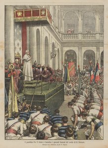 Paus Pius X ontvangt en zegent de Franse gymnasten in de binnenplaats van Sint-Damasus