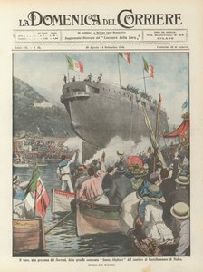 De tewaterlating, in aanwezigheid van de vorsten, van het grote slagschip Dante Alighieri van de werf van Castellammare di Stabia