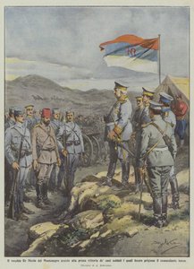 De oude koning Nicola van Montenegro woont de eerste overwinning van zijn soldaten bij, die door Achille Beltrame