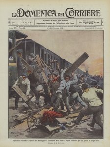 Vandalisme uit ongeduld, arbeiders die de wagons van een trein in Napels vernielen die door een storing lang moest wachten door Achille Beltrame
