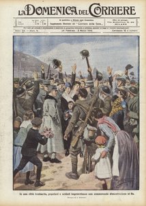 In een Lombardische stad improviseren burgers en soldaten een ontroerende demonstratie voor de koning door Achille Beltrame