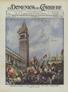 Inhuldiging van de klokkentoren van San Marco, in Venetië, op 25 april, vlucht van duiven en wapperende vlaggen door Achille Beltrame