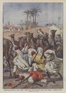 Oorlogsproblemen in Libië, soldaten en kamelen van de Gianinazzi colonne aangevallen