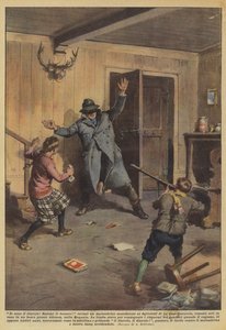 Ik ben de duivel! Geef me het geld! beval een gemaskerde misdadiger aan de kinderen