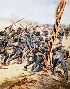 Italiaanse soldaten steken Oostenrijkse grens over, illustratie uit La Domenica del Corriere, juni 1915 door Achille Beltrame