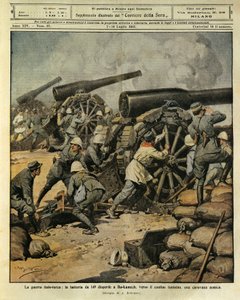 Italiaans-Turkse Oorlog, batterijvuur van Kanon nr. 149 verjaagt een vijandelijke karavaan bij Bu-Kamek richting de Tunesische grens, illustrator Achille Beltrame, uit La Domenica del Corriere, 7 juli 1912 door Achille Beltrame