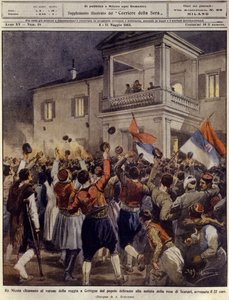 Koning Nicolaas I van Montenegro voor een menigte in Cettigne na de overgave van de stad Shkoder, 4 mei door Achille Beltrame