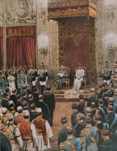 Koning van Italië, Vittorio Emanuele III van Savoye, gekroond tot Koning van de Albanezen, door Achille Beltrame, illustratie, Illustrator Achille Beltrame, uit La Domenica del Corriere
