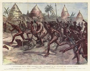 De verschijning van de eerste fiets onder de kannibalen, in een dorp van de Bangwa (Afrika)