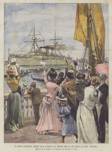 De Juichende Menigte Ziet het Vertrek van de R. Nave Vesuvio naar China vanuit Venetië