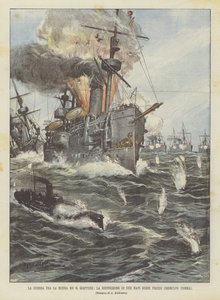 De oorlog tussen Rusland en Japan, de vernietiging van twee Russische schepen bij Chemulpo (Korea)