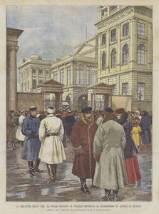De ziekte van de Tsaar, de menigte voor het Keizerlijk Paleis van Sint-Petersburg wachtend op nieuws