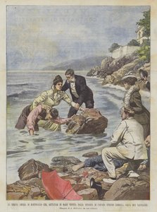 Koningin Amelia van Portugal die, gekleed, in zee sprong vanaf het strand van Cascaes door Achille Beltrame