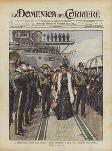 De koningin-moeder aan boord van het slagschip Regina Margherita in Spezia, voor de overhandiging van de vlag door Achille Beltrame