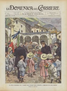 Koningin Margherita tussen de kinderen van de Alpenkolonies die in Gressoney bijeenkwamen om haar hulde te brengen door Achille Beltrame