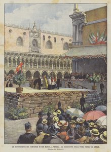 De wederopbouw van de klokkentoren van San Marco in Venetië, de zegening van de eerste steen (25 april) door Achille Beltrame