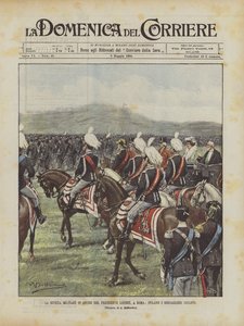 De militaire parade ter ere van president Loubet, in Rome, de fietsers van de Bersaglieri marcheren door Achille Beltrame