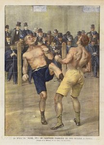 De bokswedstrijd tussen een Franse en een Engelse kampioen in Parijs door Achille Beltrame