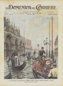 De buitengewone vloedgolf van vorige week in Venetië, gondels en boten bij S. Marco door Achille Beltrame