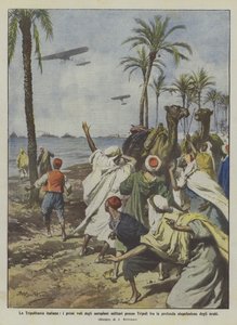 Het Italiaanse Tripolitanië, de eerste vluchten van militaire vliegtuigen bij Tripoli tussen de diepe