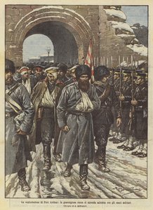 De capitulatie van Port Arthur, het Russische garnizoen geeft zich over met militaire eer
