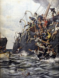 De ramp van Libanon: de passagiers springen in zee na de botsing met een ander schip voor de kust van Marseille. Illustratie door Beltrame. La Domenica del corriere. 1903.