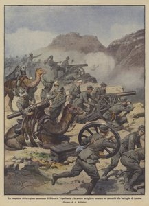 De verovering van het bergachtige gebied van Jefren in Tripolitanië, onze artillerie gemonteerd door Achille Beltrame