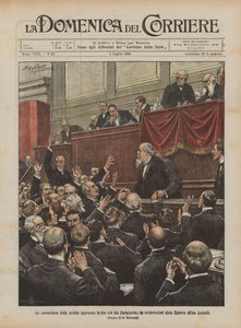 De goedkeuring van de renteconversie in drie uur door het Parlement, de toejuichingen van de Kamer aan de heer Luzzatti